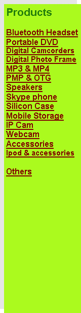 Text Box: ProductsBluetooth HeadsetPortable DVDDigital CamcordersDigital Photo FrameMP3 & MP4PMP & OTGSpeakersSkype phoneSilicon CaseMobile StorageIP CamWebcamAccessoriesIpod & accessoriesOthers